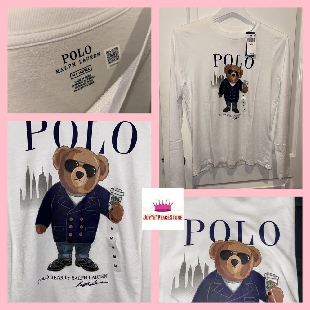 $110 NWT Ralph Lauren Polo Bear Coffee NY Preppy White T Shirt Top Women M L XL